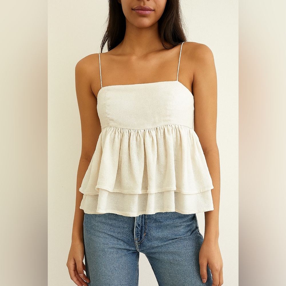 Urban Outfitters Peplum Crop Top Cream Textured Spaghetti Strap XS/S